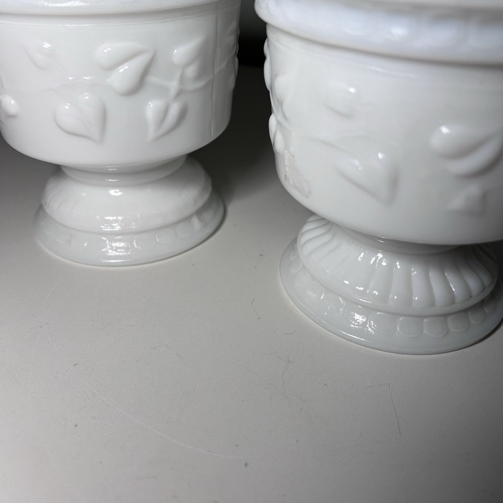 2-Vtg 1970s White Milk Glass Vase/Planter Ivy Vine Ribbed Pedestal - Picture 6 of 7